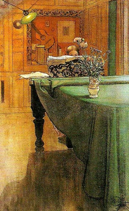 Carl Larsson brita vid pianot-aftonbelysning vid pianot